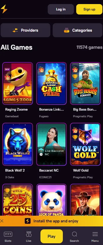 Zoome Casino games page on a mobile device