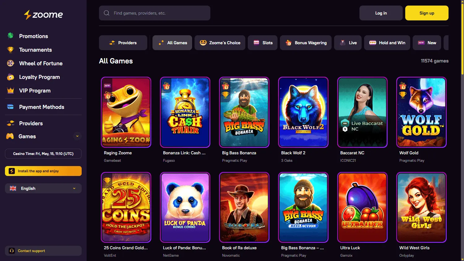 Zoome Casino games page on desktop