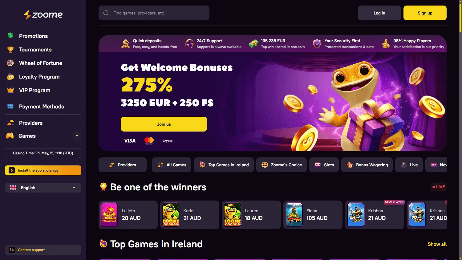 Zoome Casino home page on desktop
