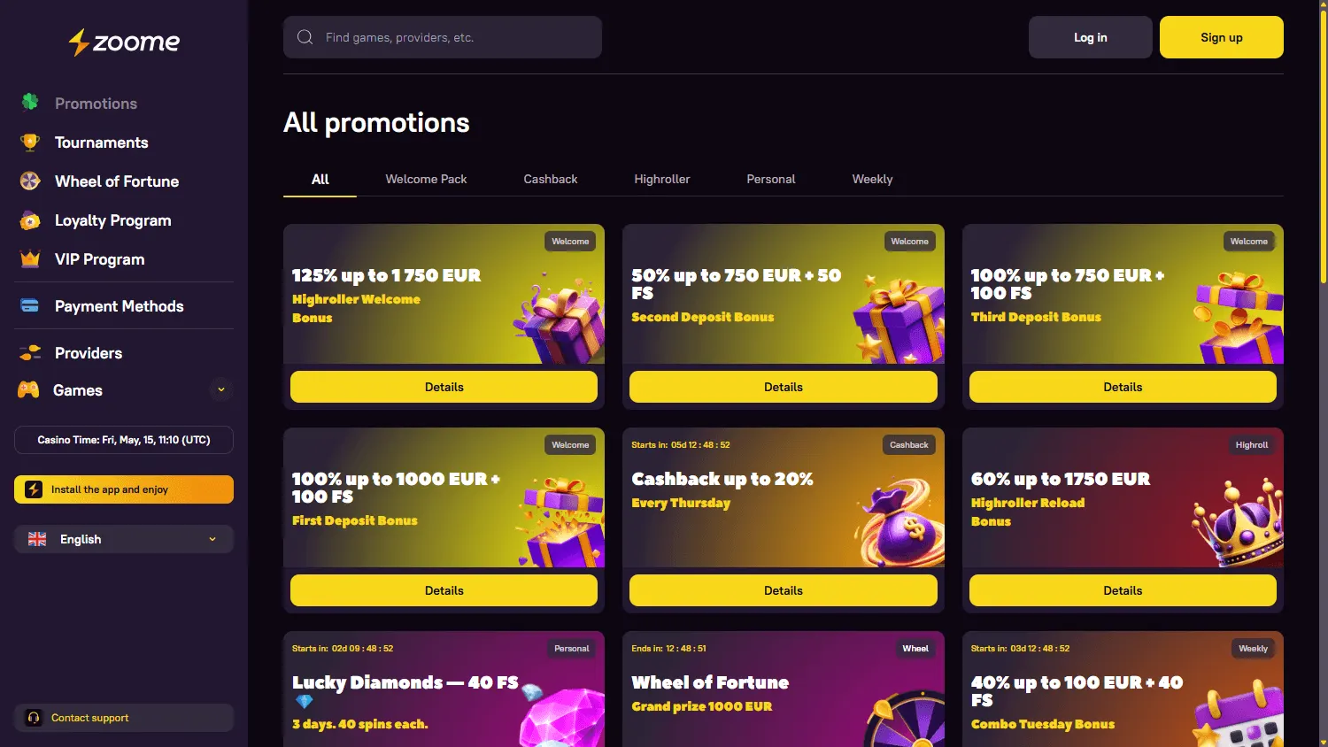 Zoome Casino promotions page on desktop